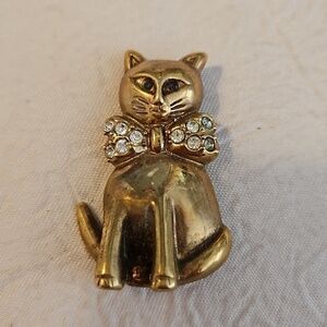 KREMENTZ Vintage Kitty Cat w/ Rhinestones Bow Brooch